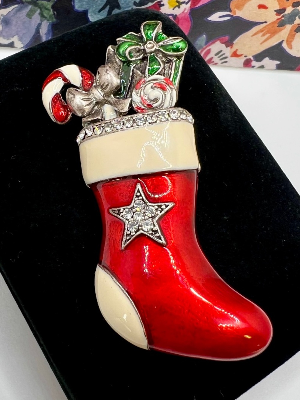 Christmas Stocking Brooch Red Enamel